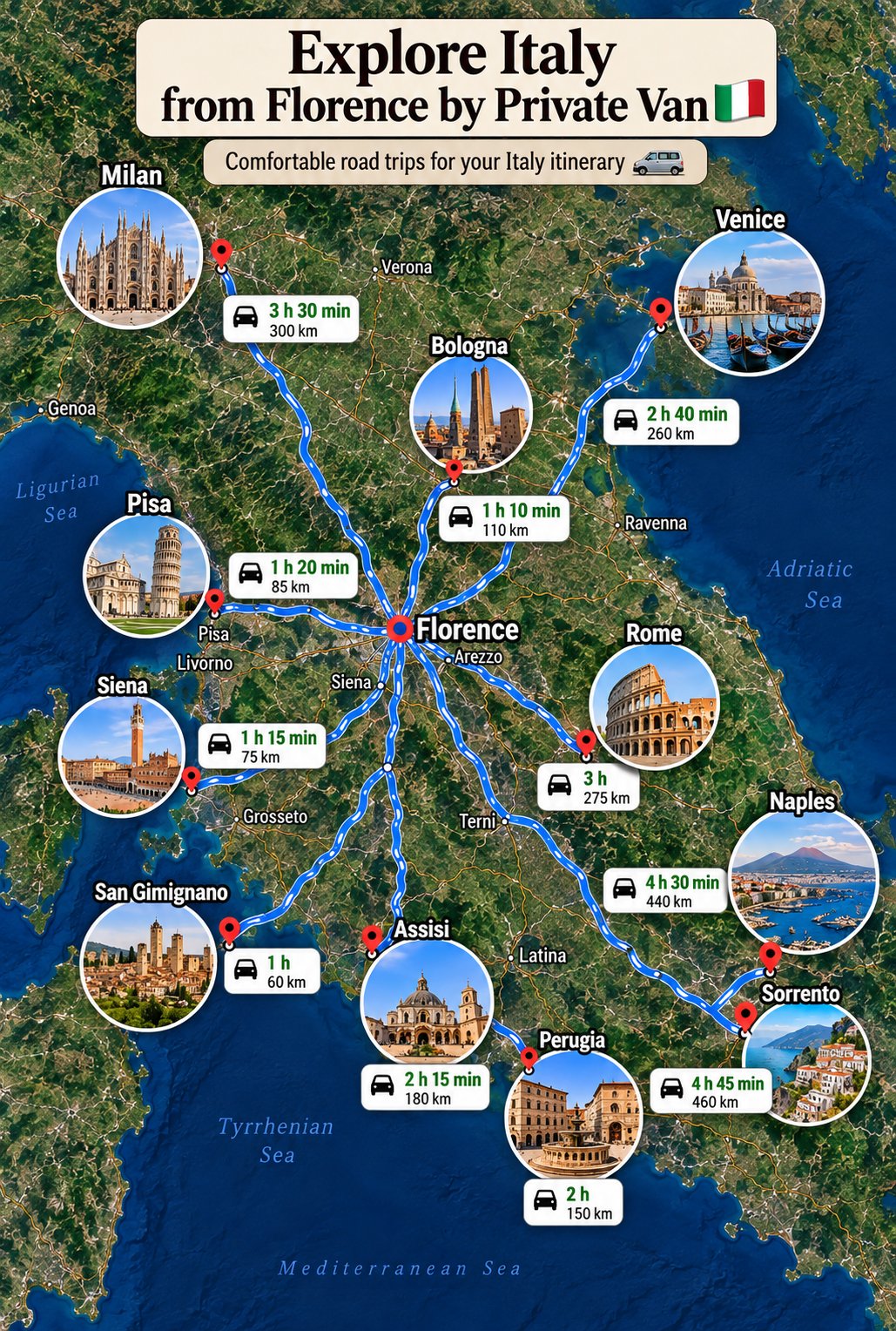 Map of driving times and distances from Florence to Pisa, Siena, San Gimignano, Assisi, Perugia, Rome, Naples, Sorrento, Bologna, Venice and Milan